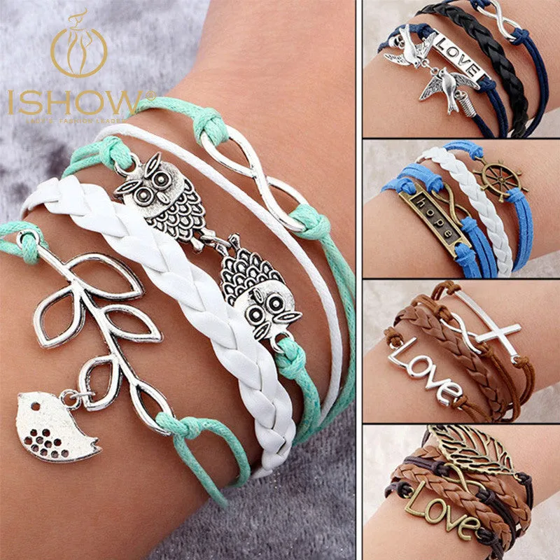 Vintage Bird Owls Anchor Wrap Leather Charm bracelets for women