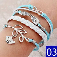 Vintage Bird Owls Anchor Wrap Leather Charm bracelets for women