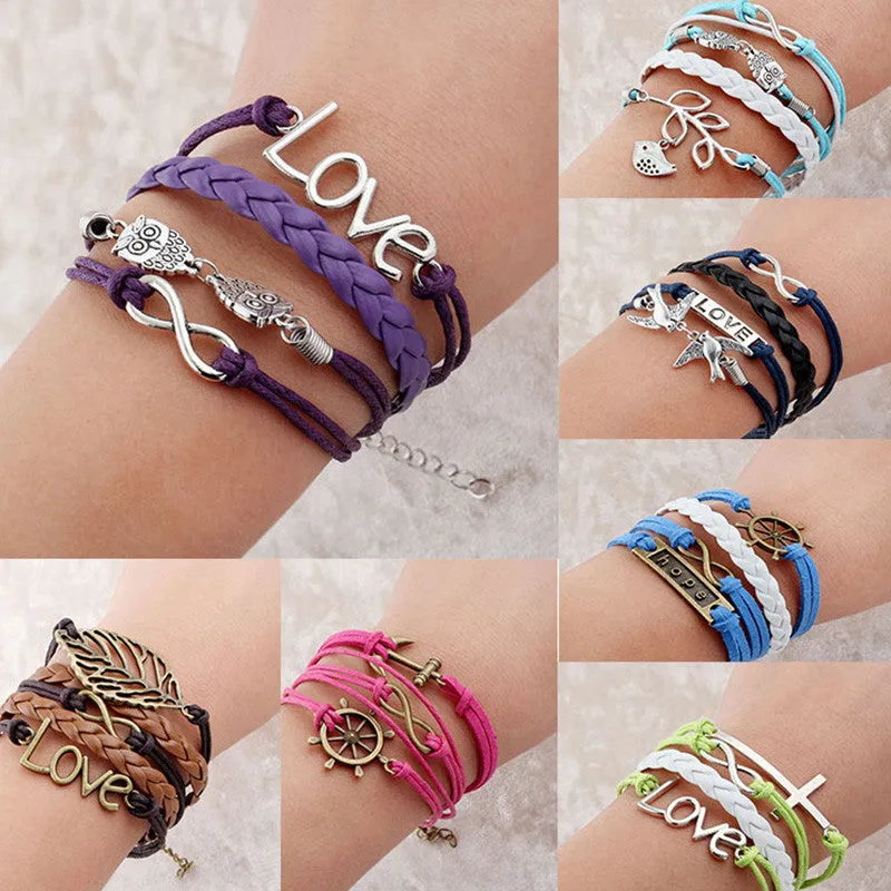 Vintage Bird Owls Anchor Wrap Leather Charm bracelets for women