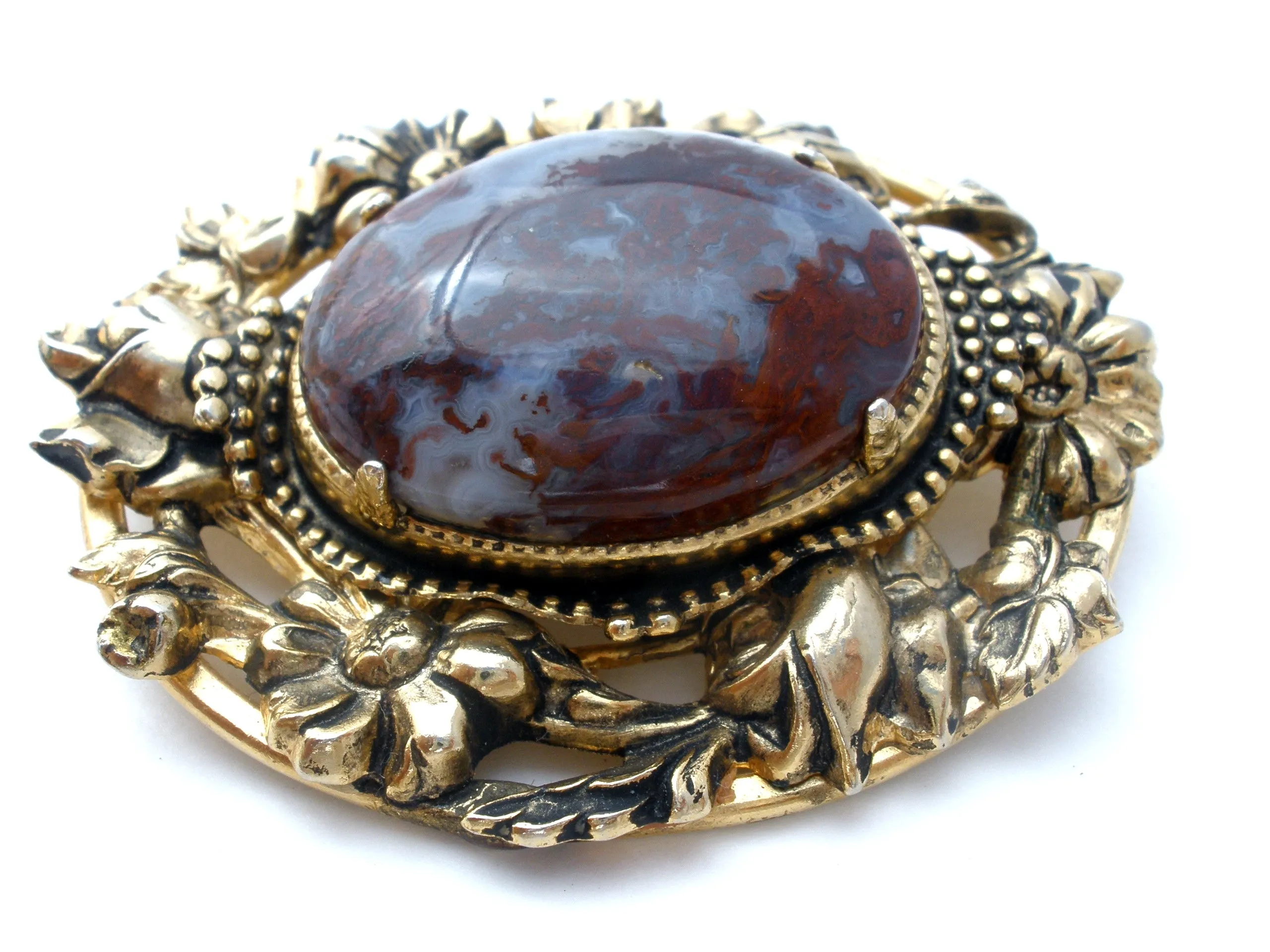 Vintage Brown Moss Agate Gold Brooch Pin