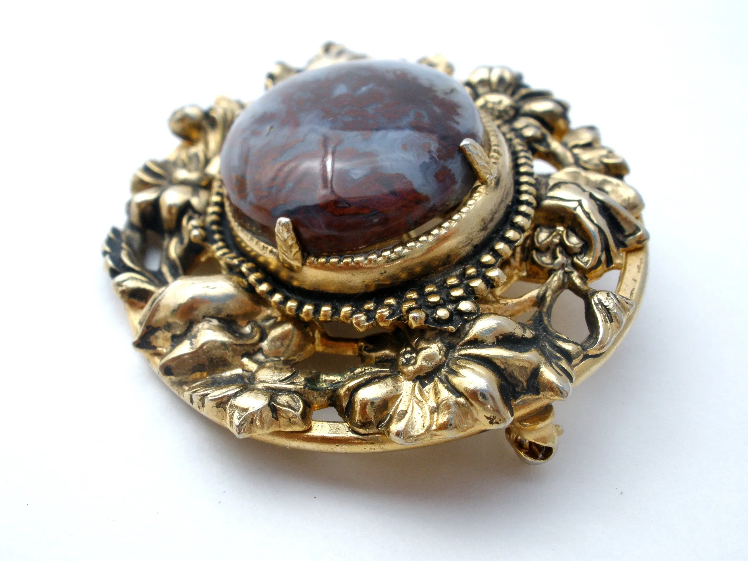 Vintage Brown Moss Agate Gold Brooch Pin