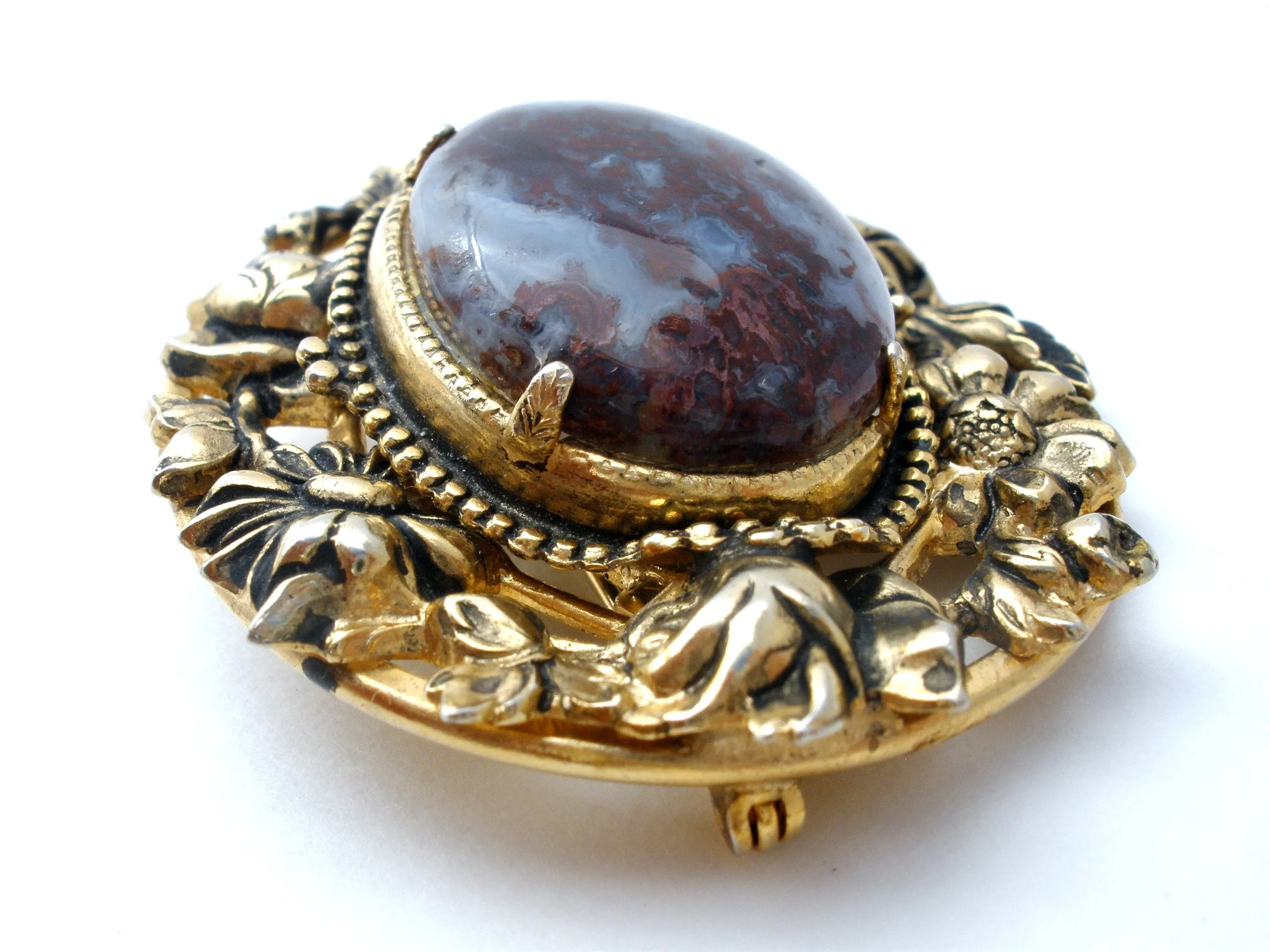 Vintage Brown Moss Agate Gold Brooch Pin