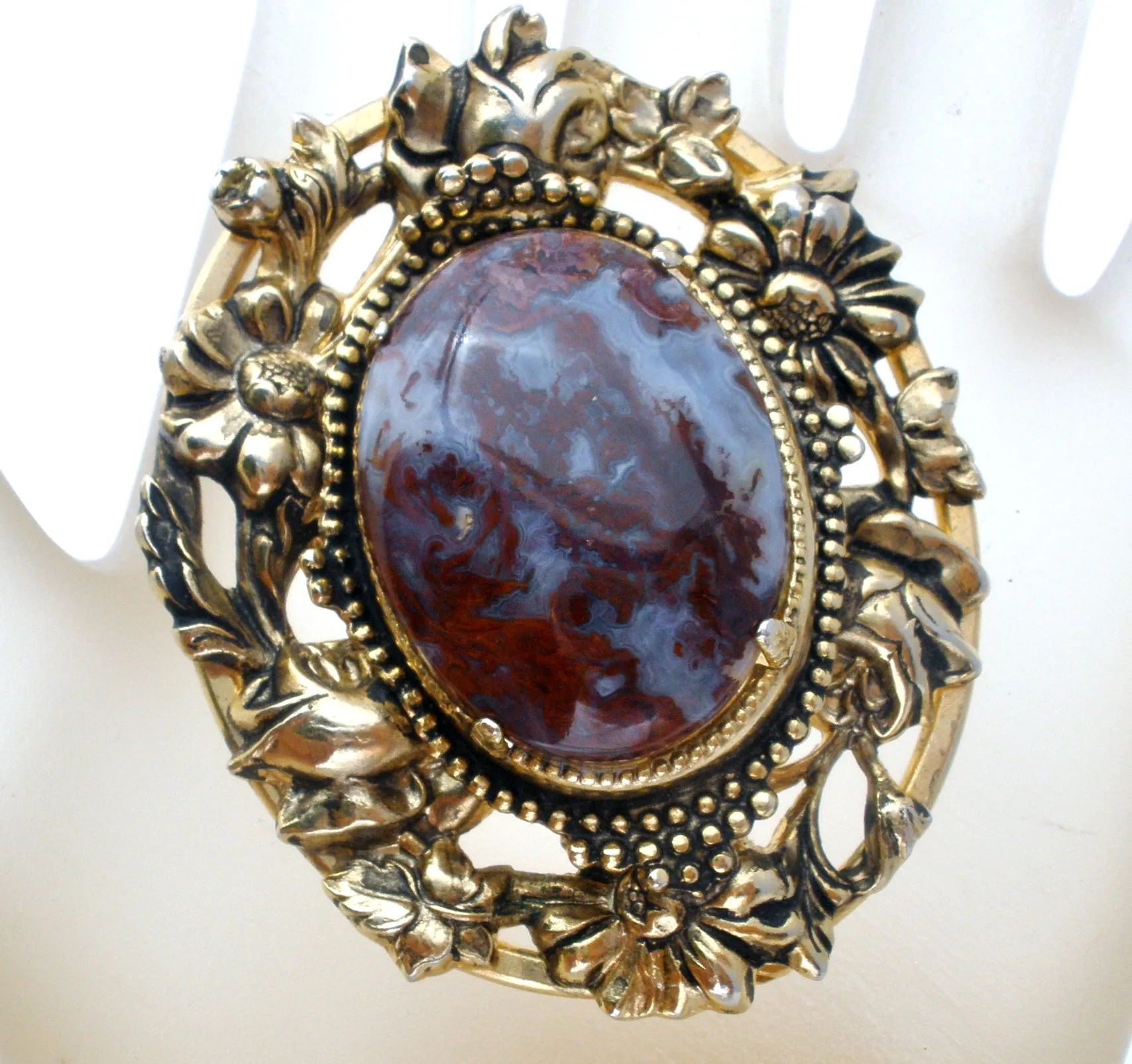 Vintage Brown Moss Agate Gold Brooch Pin