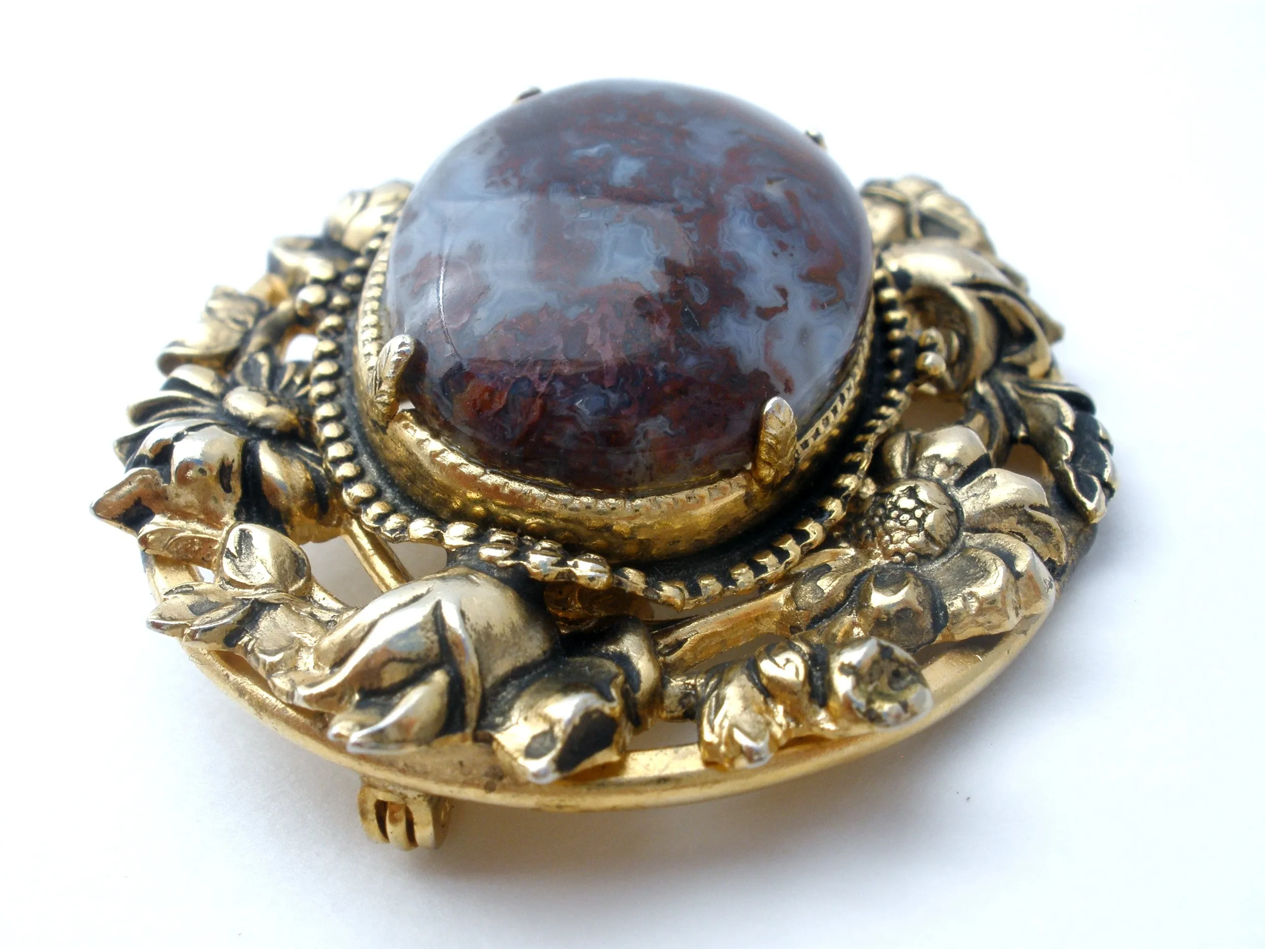 Vintage Brown Moss Agate Gold Brooch Pin