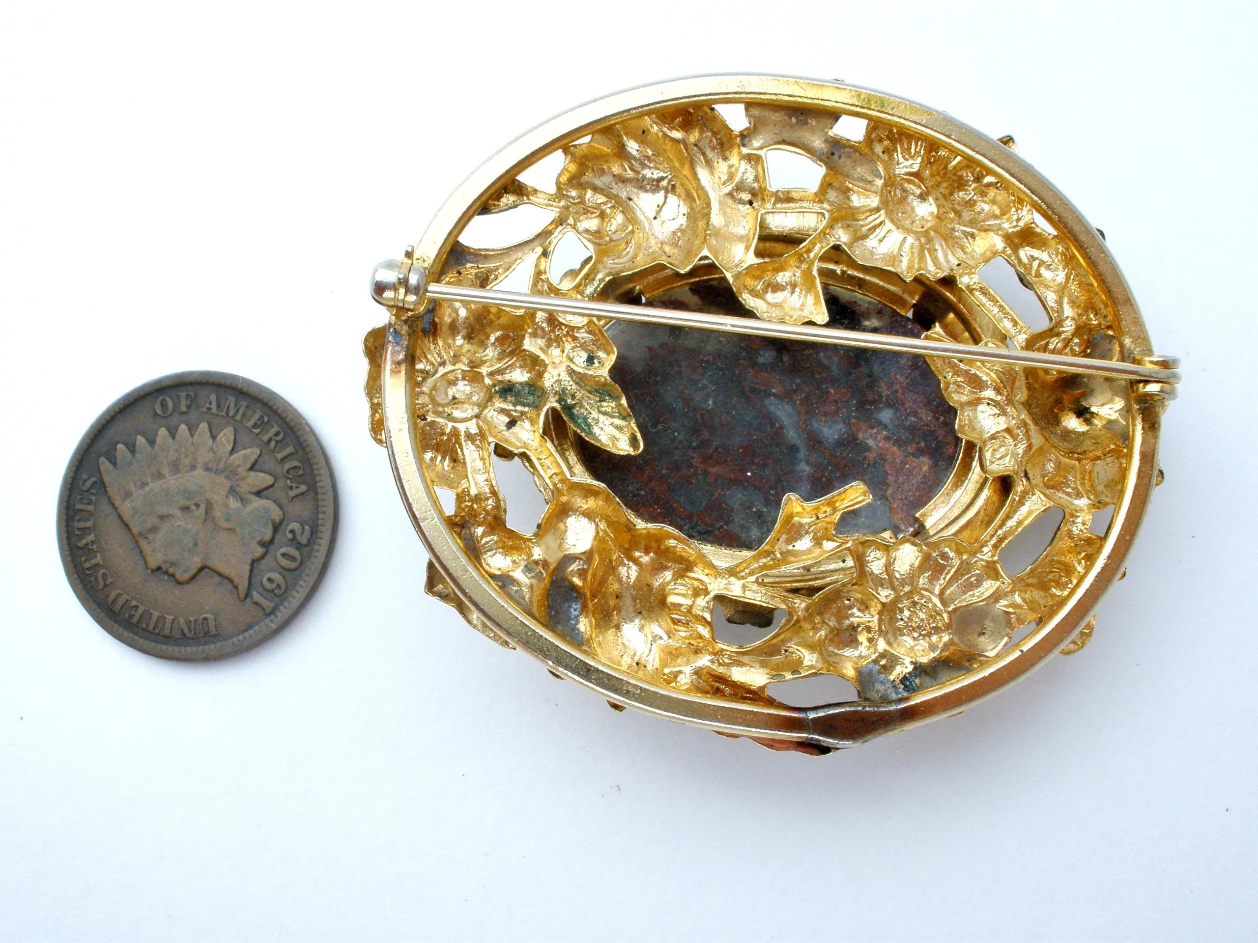 Vintage Brown Moss Agate Gold Brooch Pin