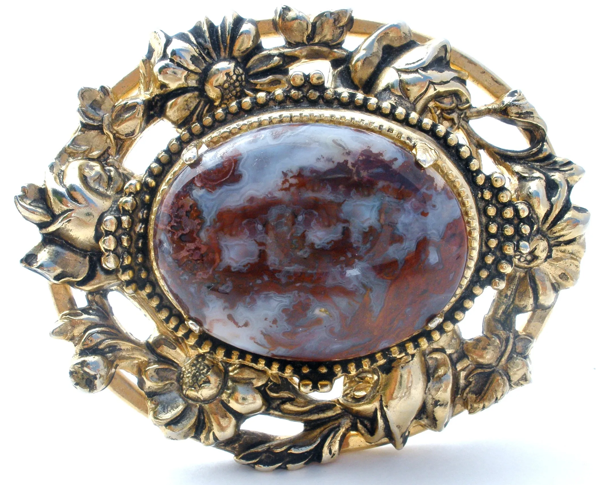 Vintage Brown Moss Agate Gold Brooch Pin