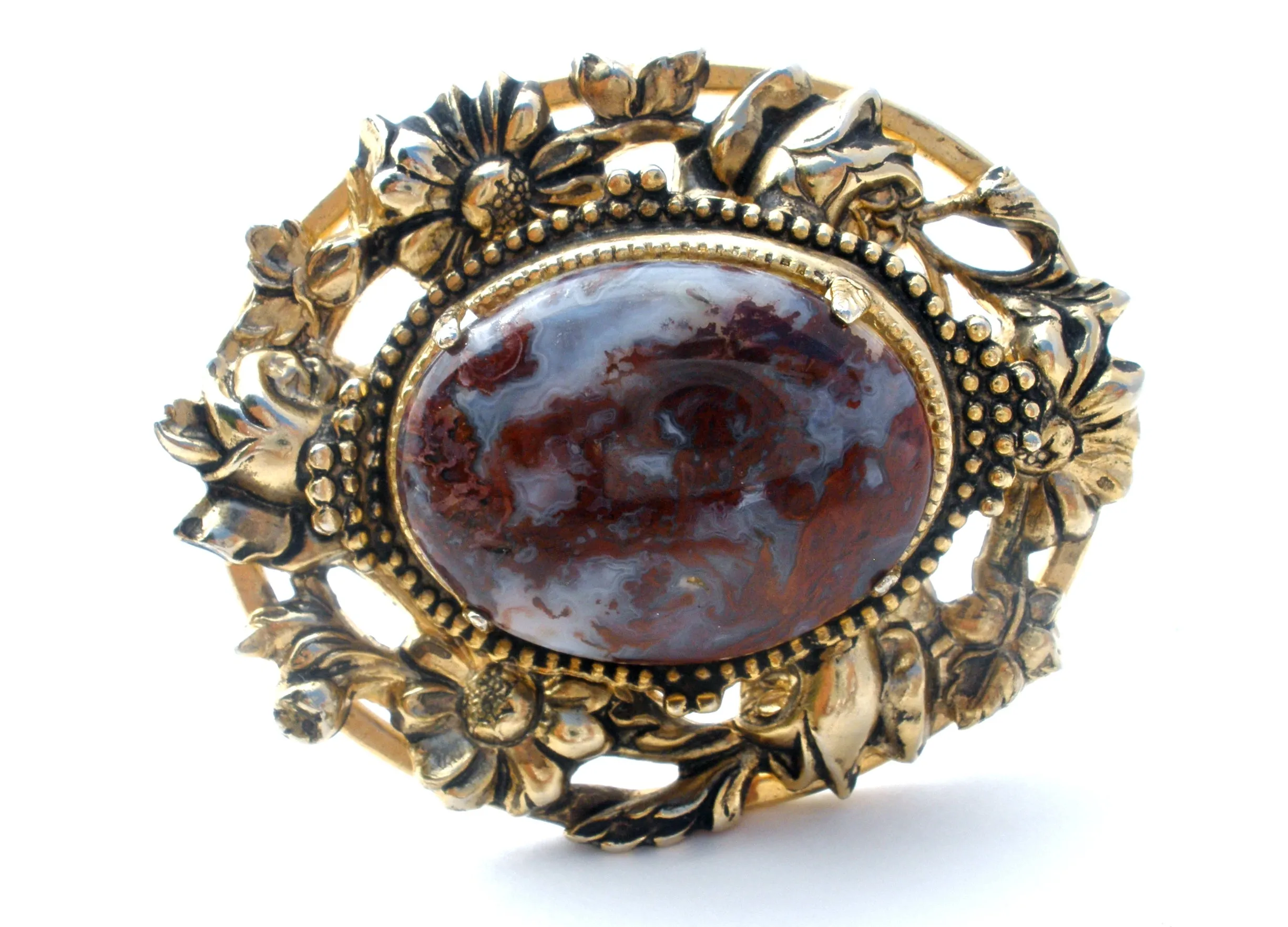 Vintage Brown Moss Agate Gold Brooch Pin