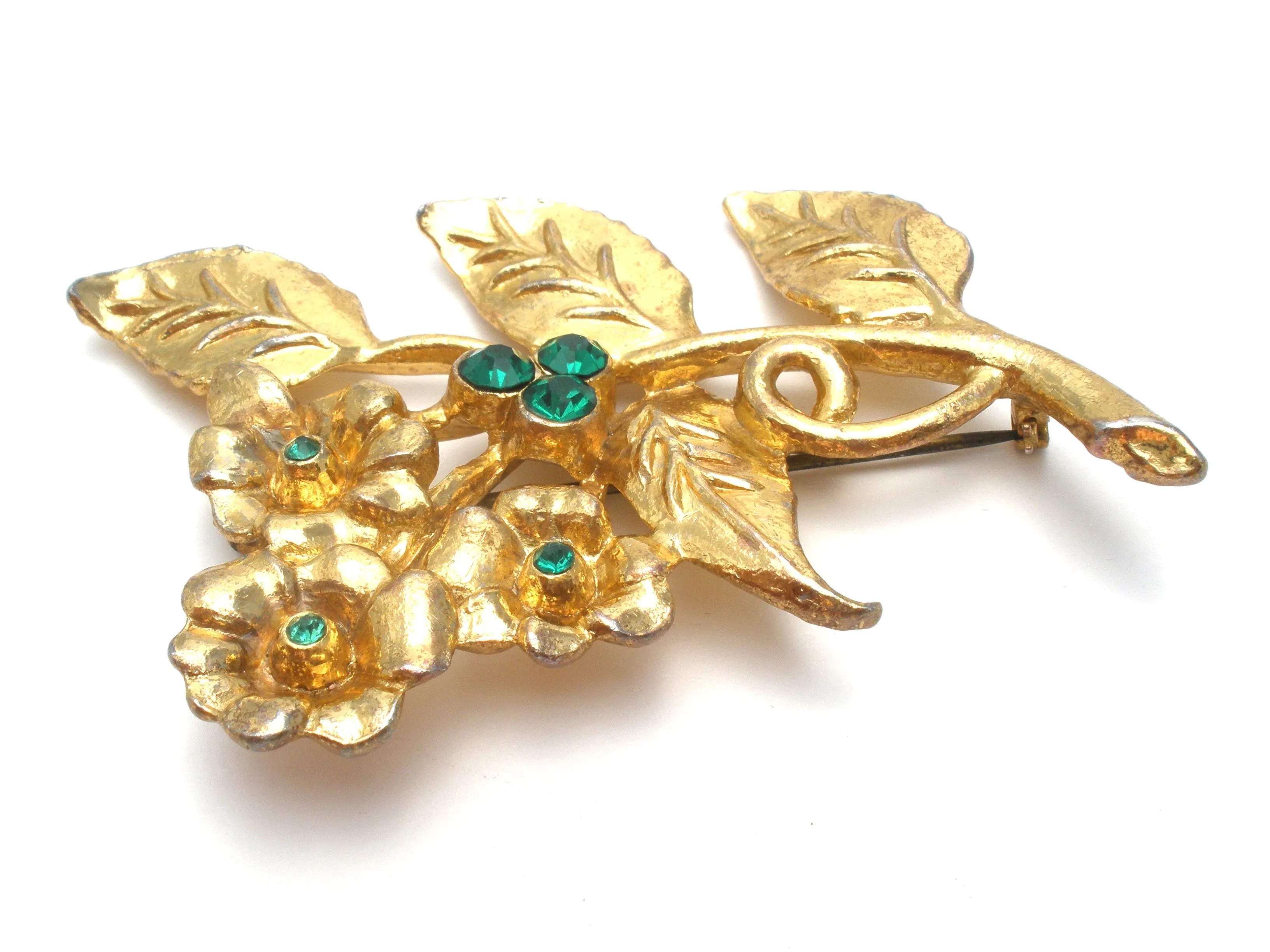 Vintage Flower Brooch with Green Rhinestones