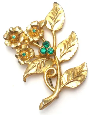 Vintage Flower Brooch with Green Rhinestones