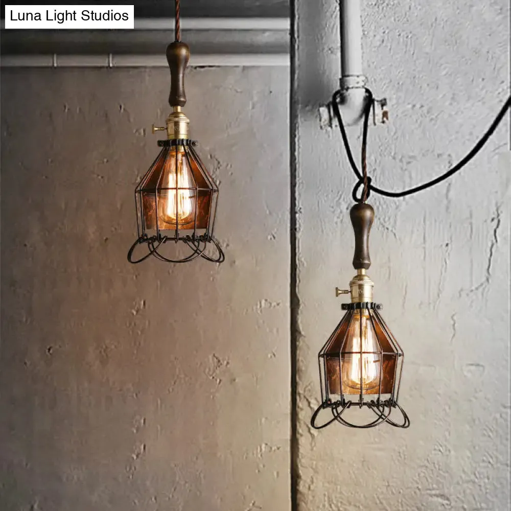 Vintage Metal Mini Cage Pendant Wall Light with Petal Shade - Rust Finish