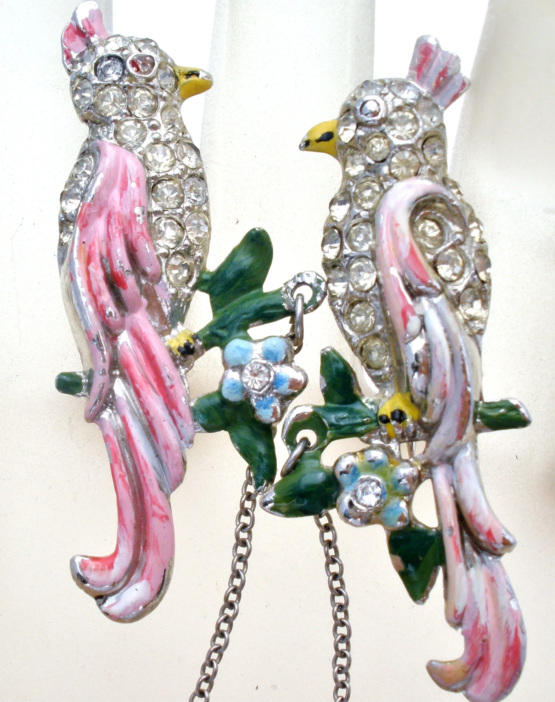 Vintage Pair of Birds Chatelaine Brooch Set