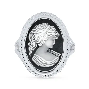 Vintage Women Lady Portrait Oval Black Cameo Ring .925Sterling Silver