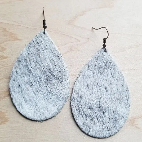 White and Gray Hair Leather Teardrop Earrings