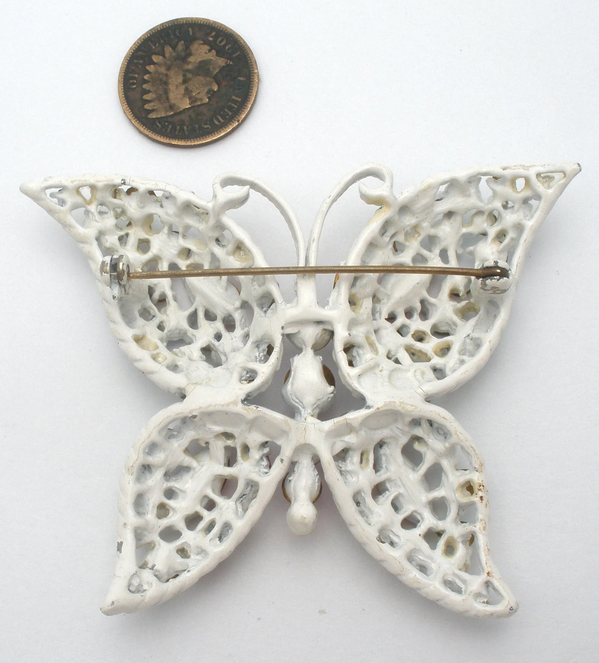 White Enamel Multi Color Rhinestone Butterfly Brooch Pin