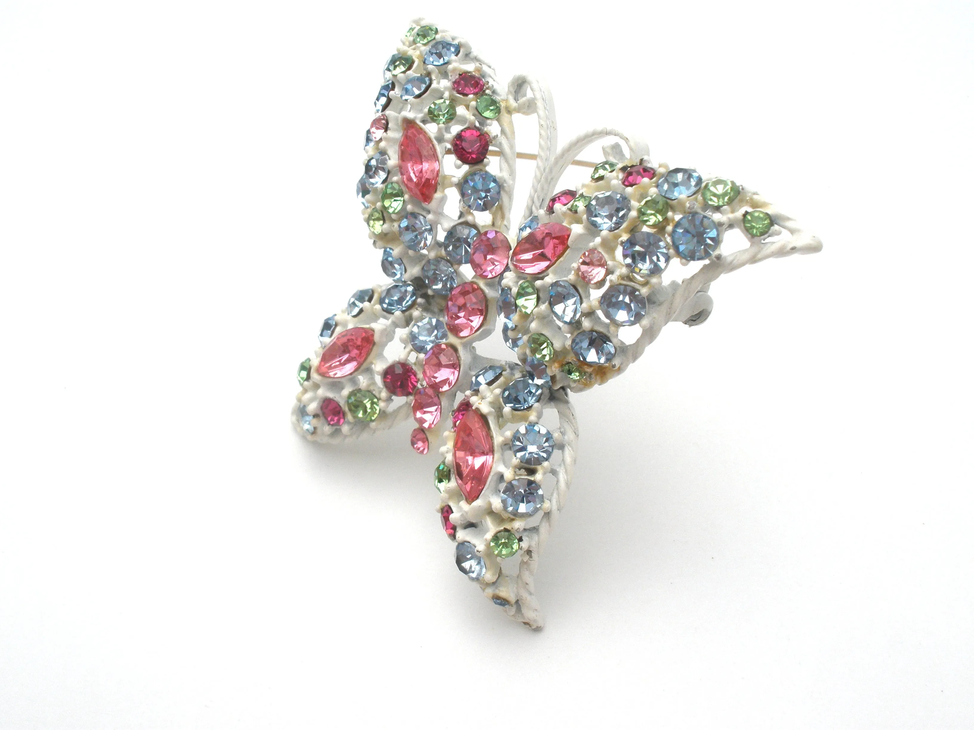 White Enamel Multi Color Rhinestone Butterfly Brooch Pin