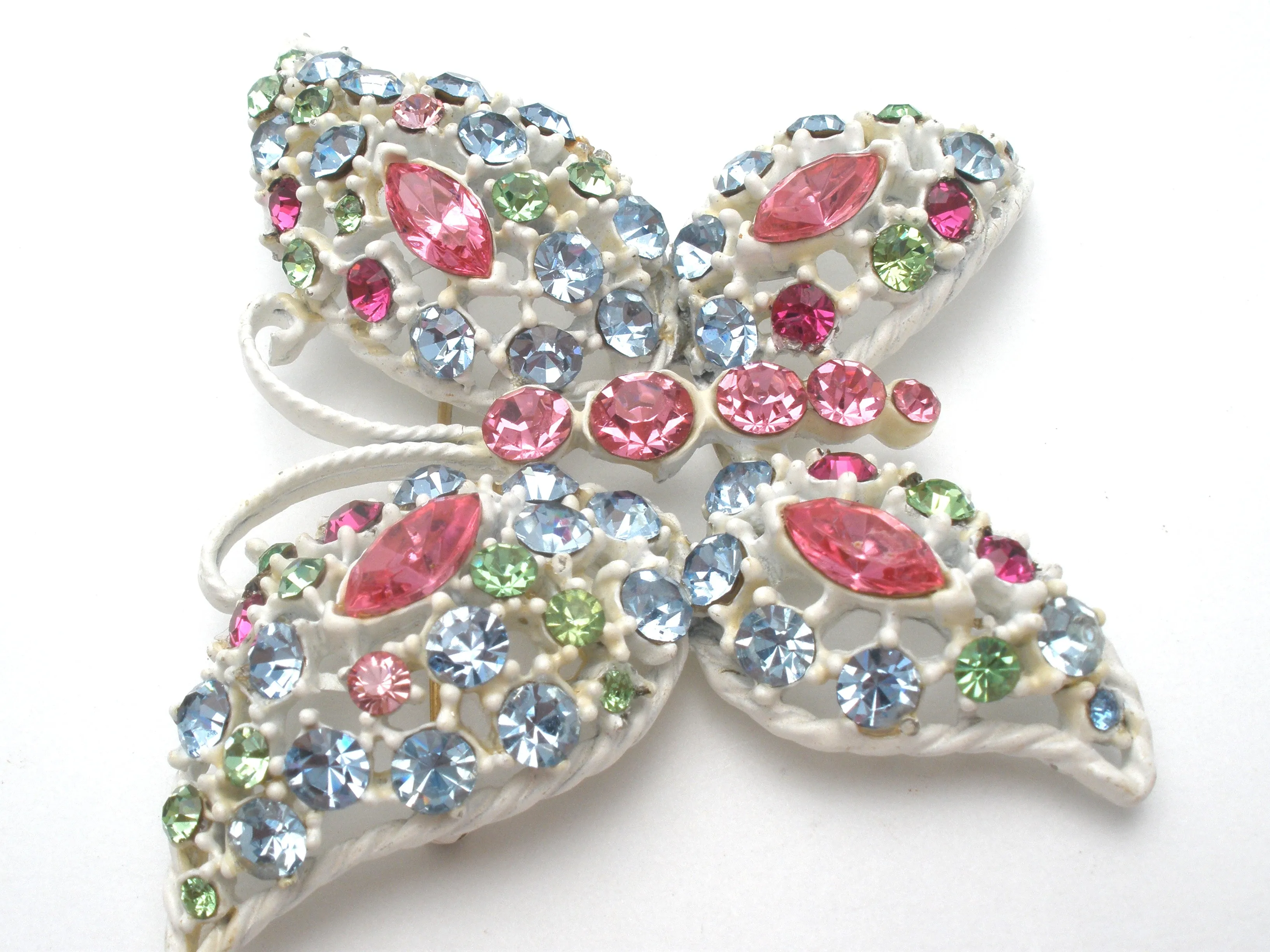 White Enamel Multi Color Rhinestone Butterfly Brooch Pin