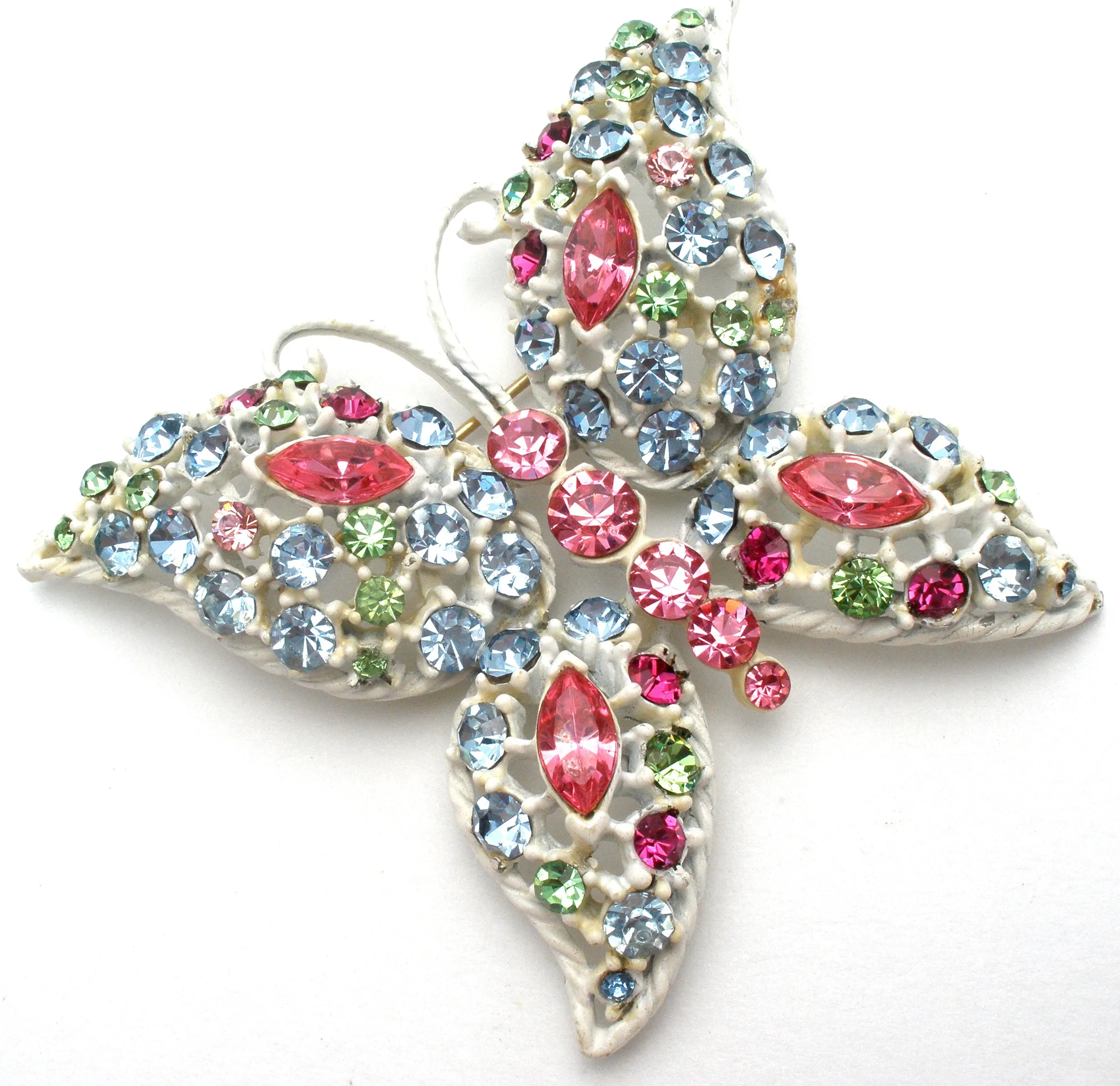 White Enamel Multi Color Rhinestone Butterfly Brooch Pin