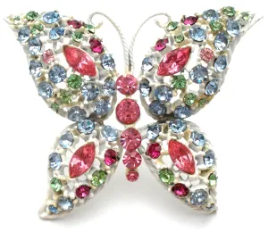 White Enamel Multi Color Rhinestone Butterfly Brooch Pin